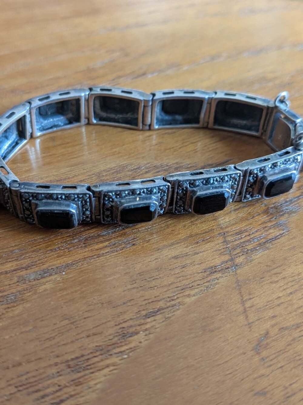 Rare Vintage Art Deco Revival Sterling Silver Onyx & Marcasite Bracelet
